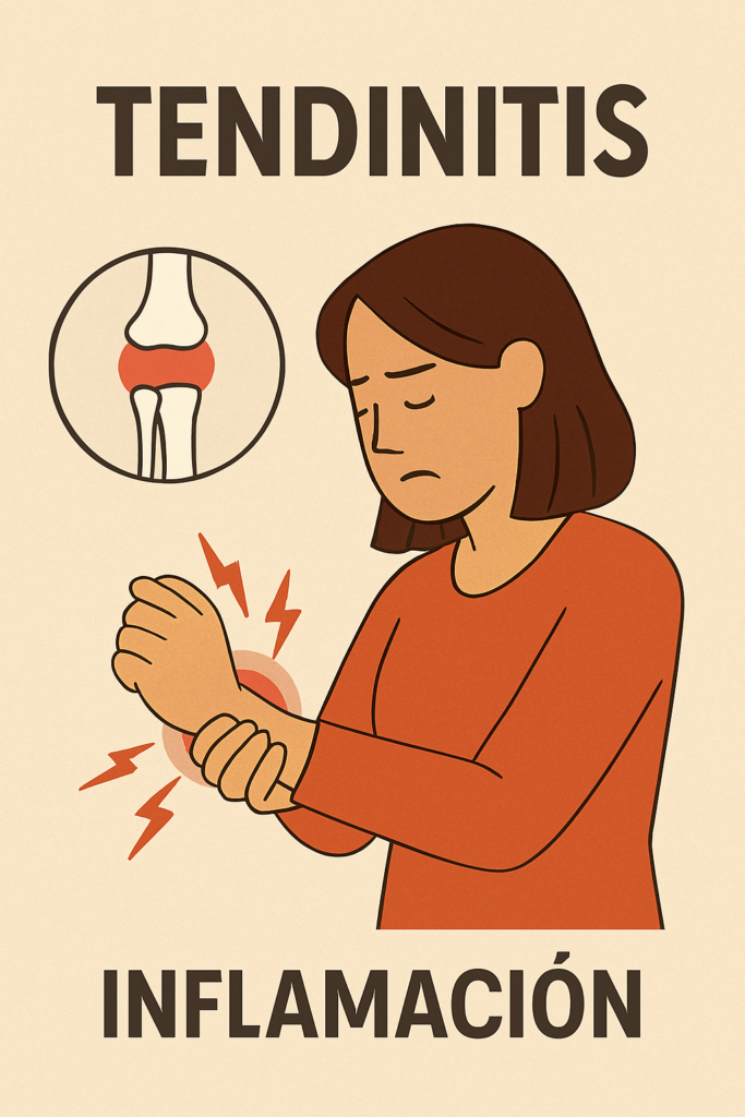 Mujer con expresión de dolor presionando su muñeca izquierda, rodeada por un círculo rojo con líneas que indican inflamación. A la izquierda, un ícono anatómico muestra un tendón inflamado entre hueso y músculo. Texto en español: “TENDINITIS” arriba y “INFLAMACIÓN” abajo.